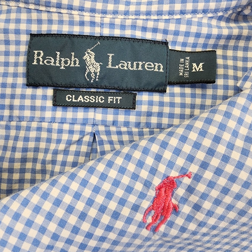 Ralph Lauren Mens M Blue Gingham Check Classic Fit Long Sleeve Button Shirt FLAW